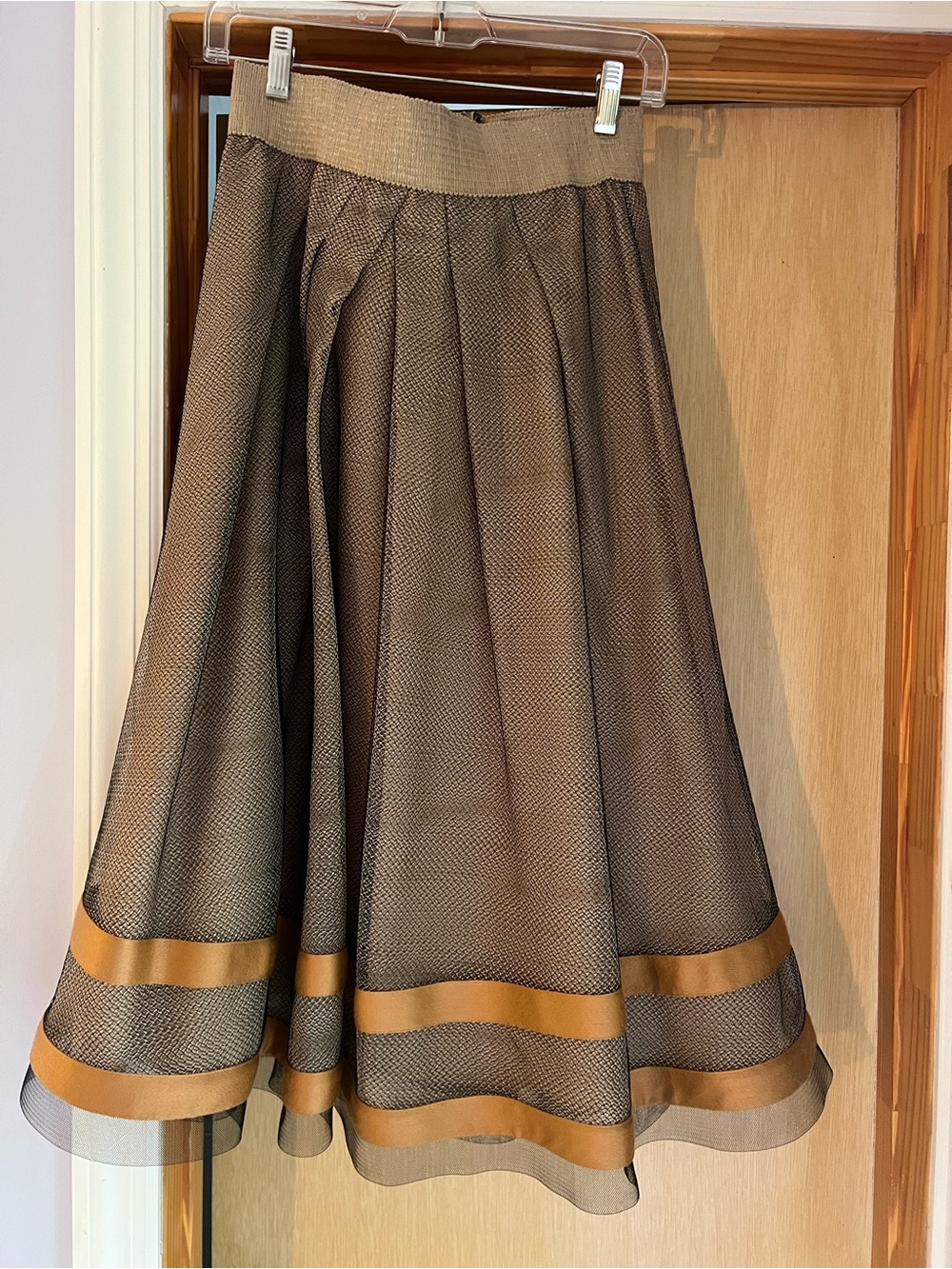 Carlisle Brown Mesh A-Line Skirt with Gold Trim